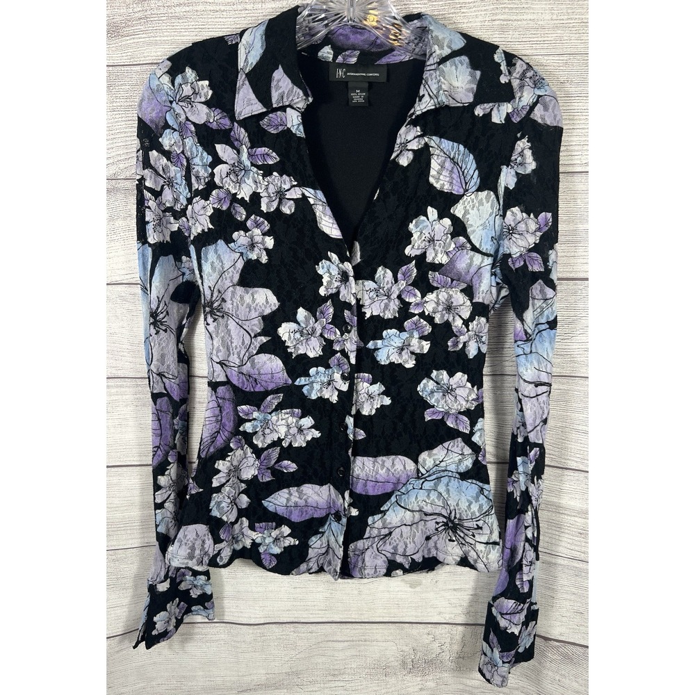 INC International Concepts Womens Medium Purple Floral Lace Button Down Blouse